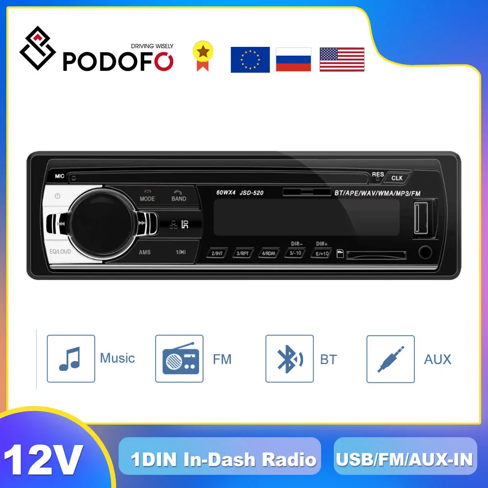 Podofo 1DIN In-Dash Car Radios Stereo Remote Control Digital Bluetooth Audio Music Stereo 12V Car Radio Mp3 Player USB/SD/AUX-IN