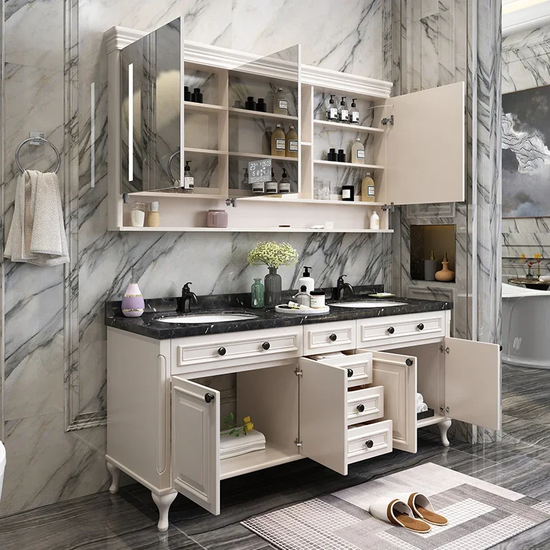 European-Style Bathroom Cabinet Solid Rubber Wood Floor-To-Ceiling Double Basin Washstand with Washbasin Pool for Bathroom