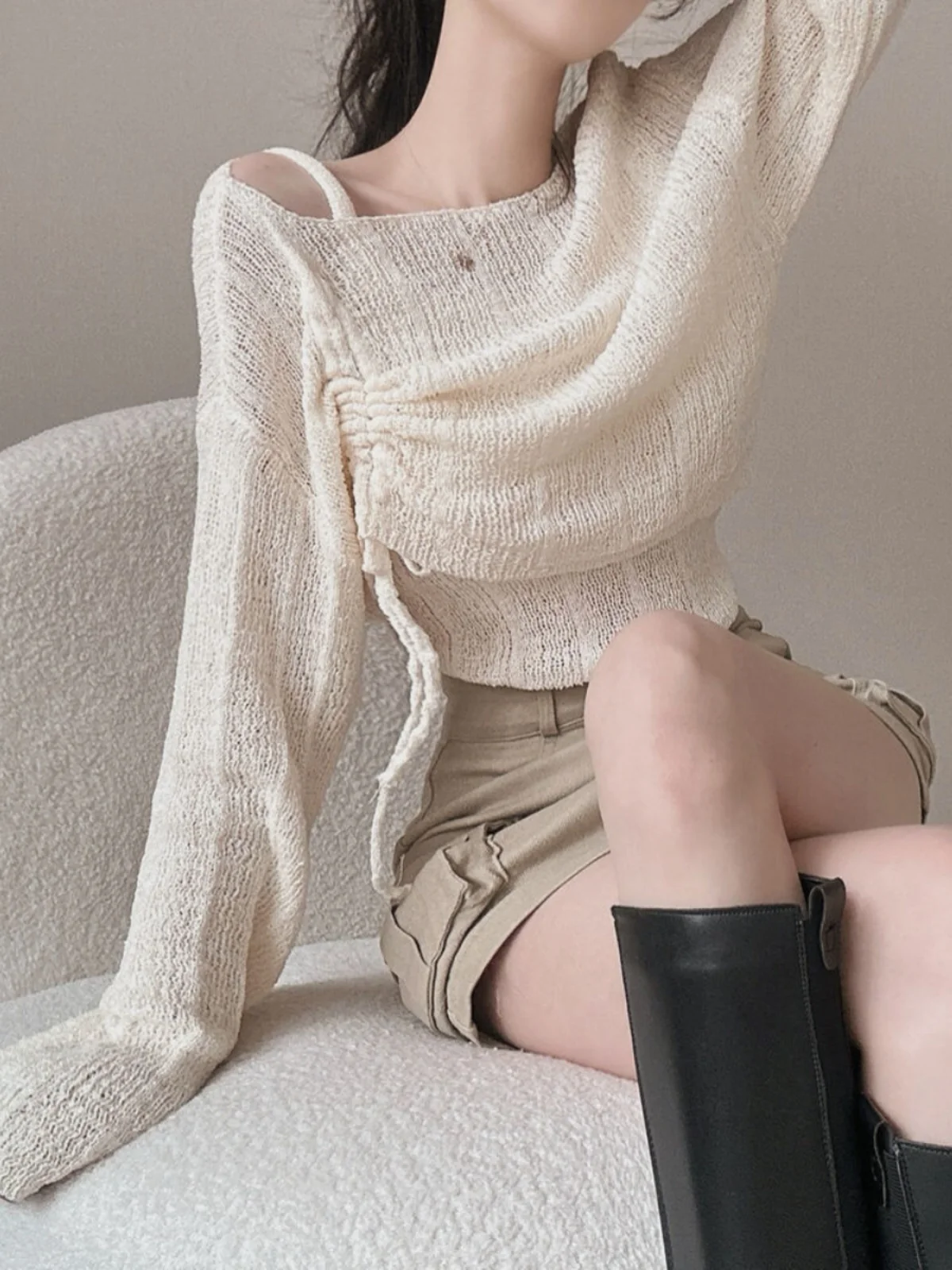 

Korean Sle Dstring Knot Sunade Cover up Thin Long Sve Knitted Sweater One oulder Overhead for Women