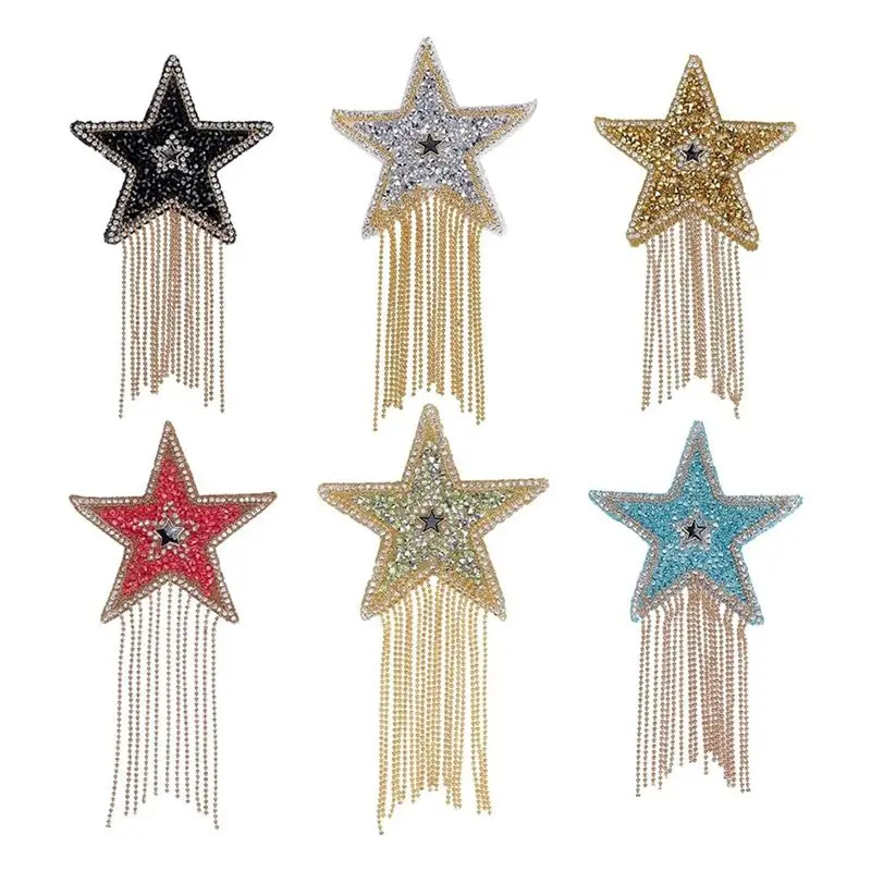 

TEXU 6Pcs Star Rhinestone Patches With Chain Tassels Five-Pointed Star Ironing Patches Clothes Hat Jeans Bag Dress Pants DIY