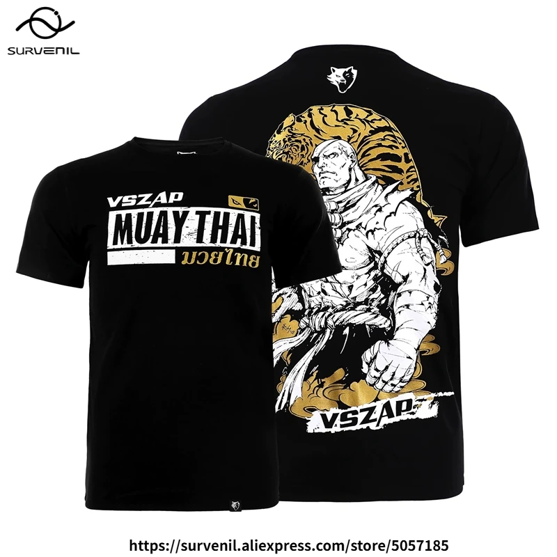 MMA BJJ Rash Guard Vszap Mens Muay Thai Kickboxing T-Shirt Cotton Premium MMA Combat Sports Boxing Training Gym Clothing Black