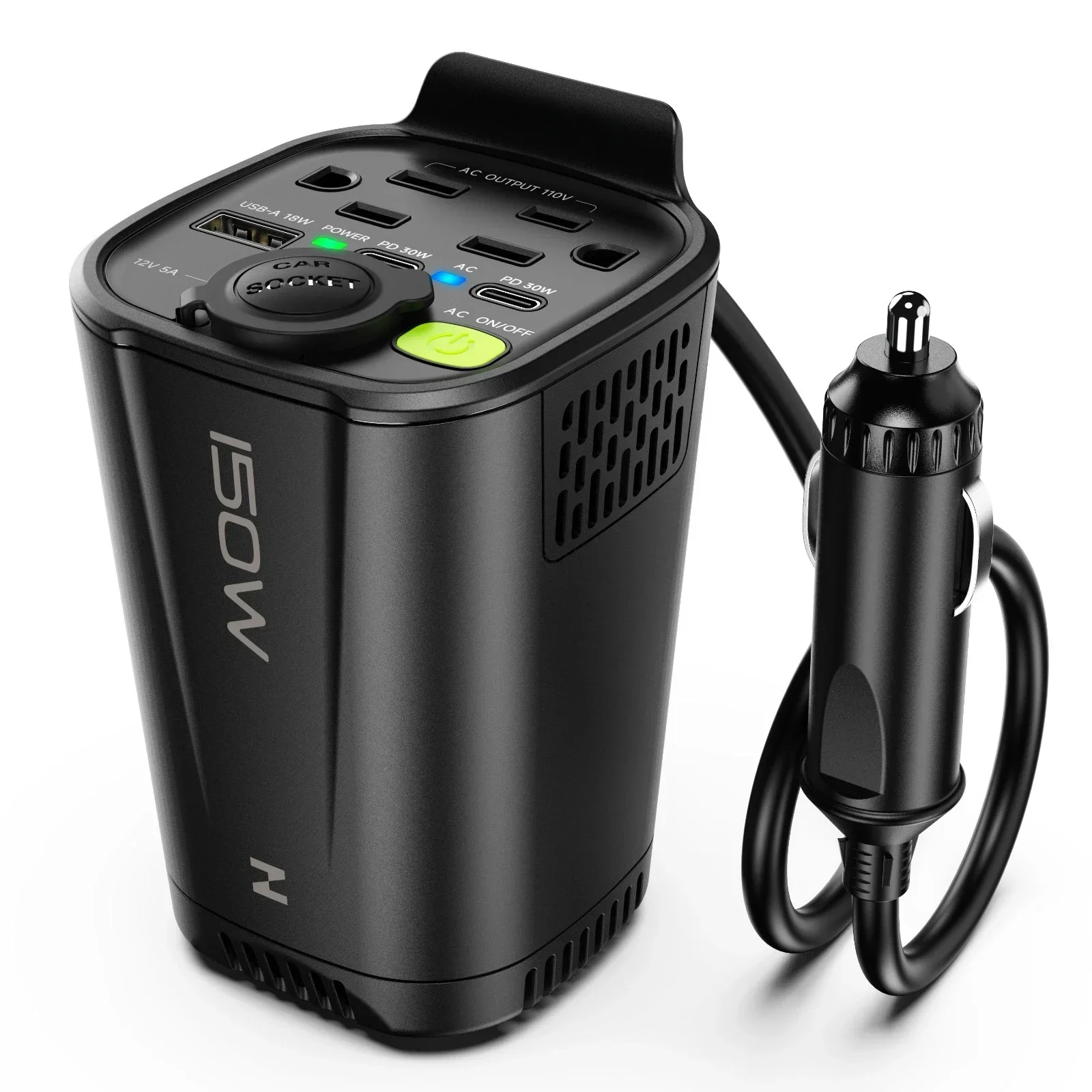 150W Car Power Inverter, 12V DC To 110V AC Adapter With 2 AC Outlets, 18W USB-A, Dual 30W Fast-Charge PD Car Charger