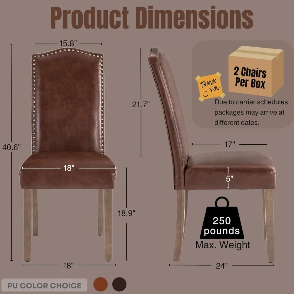 كرسي طعام بارسونز منجد أنيق مصنوع من جلد صناعي من البولي يوريثان مع زخرفة رأس أظافر فضية وأرجل خشبية صلبة قوية #2