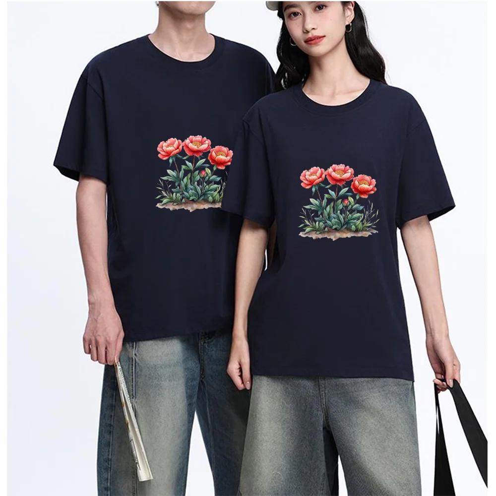 Peony Flower Printed T Shirt Cotton S-XL Personalized Custom Casual Short Sleeve Tee Unisex Fit Breathable Fabric Aesthetic Grap