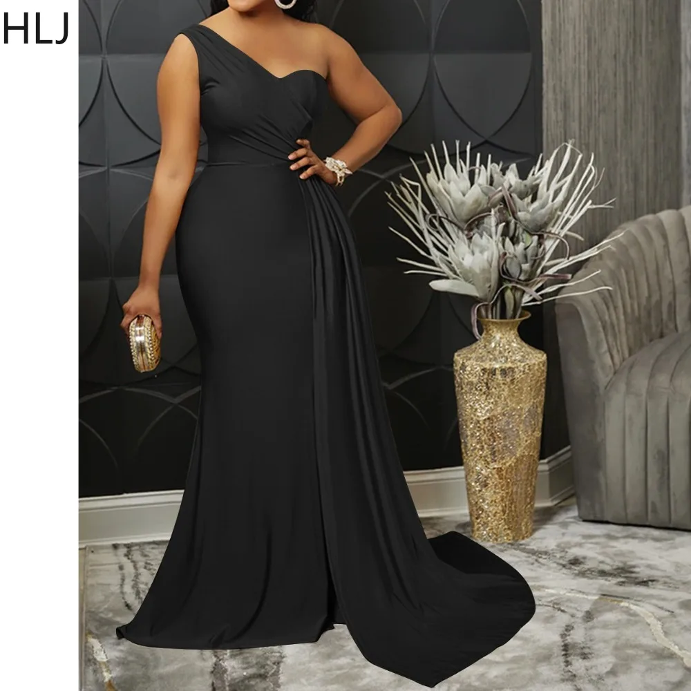 فساتين طويلة أنيقة بفتحة عالية من HLJ للنساء بلون واحد بكتف واحد بدون ظهر فستان نسائي لأعياد الميلاد والنوادي جديد
