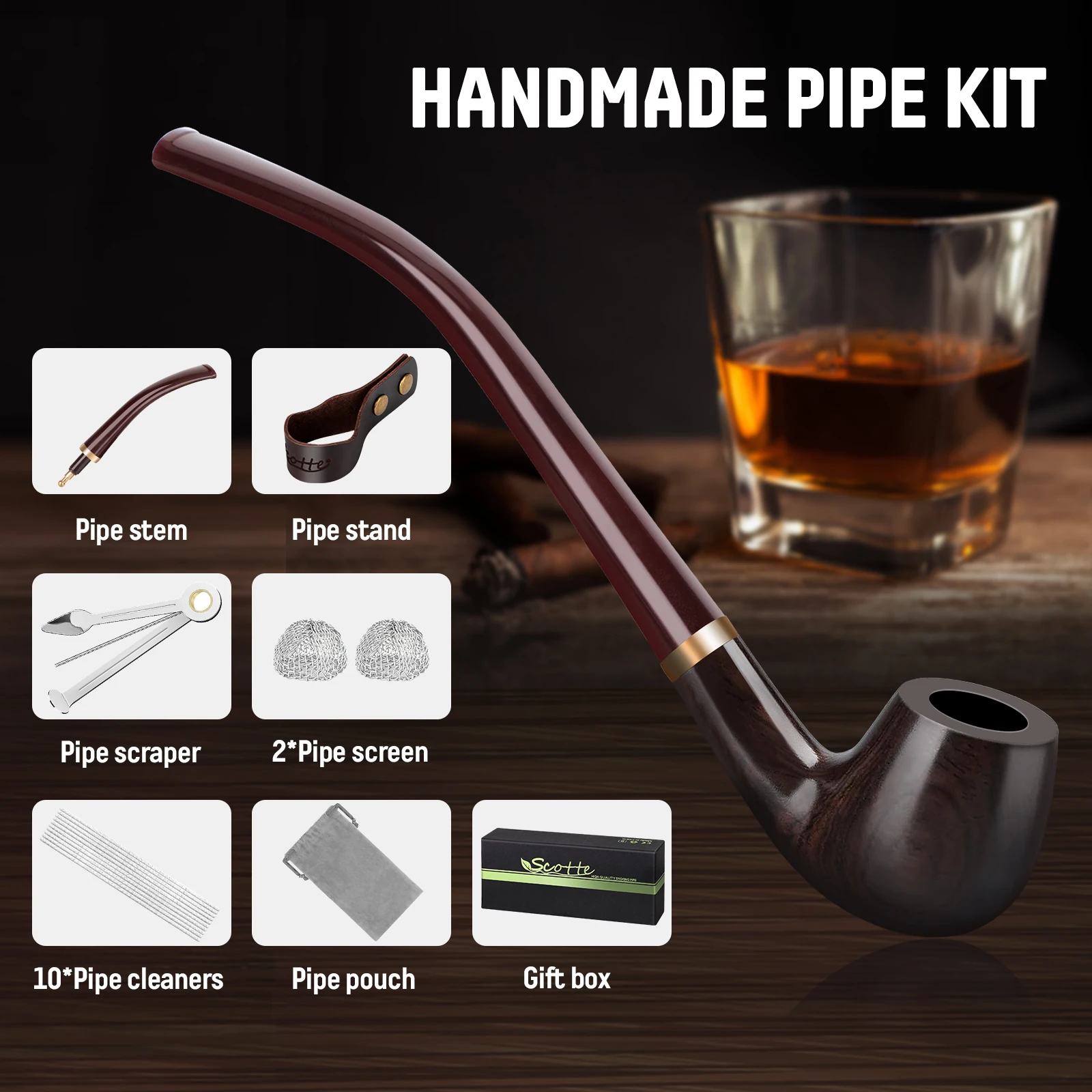 Scotte Handmade Pipe with Replaceable Stem,Pipe Stand,Cleaner Tools,Various Accessories Kit In Gift Box for Pipe Lovers