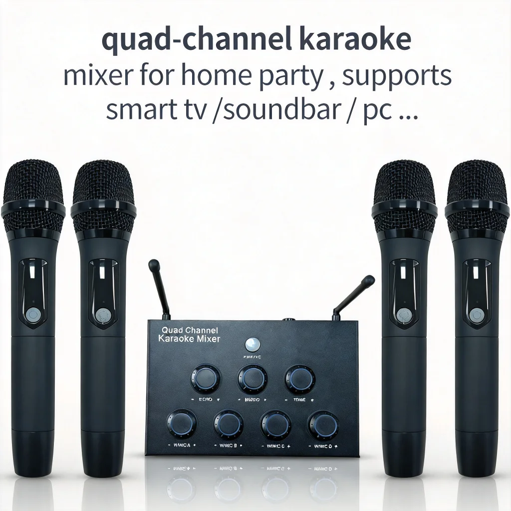 4-Channel Karaoke Mixer with Wireless UHF Rechargeable Microphone for Smart TV Soundbar PC - New Arrivals