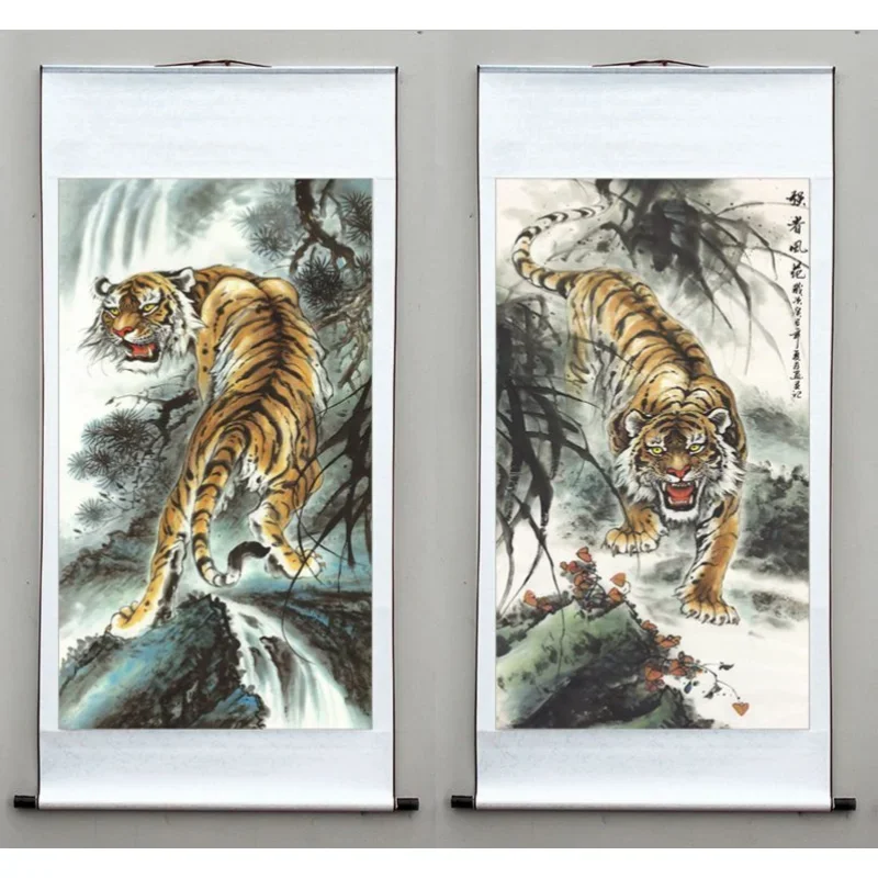 Tiger Scroll Painting Anime Poster Mountain Tiger Descending Mountain Painting Hanging Living Room Decor Wall Art Landscape
