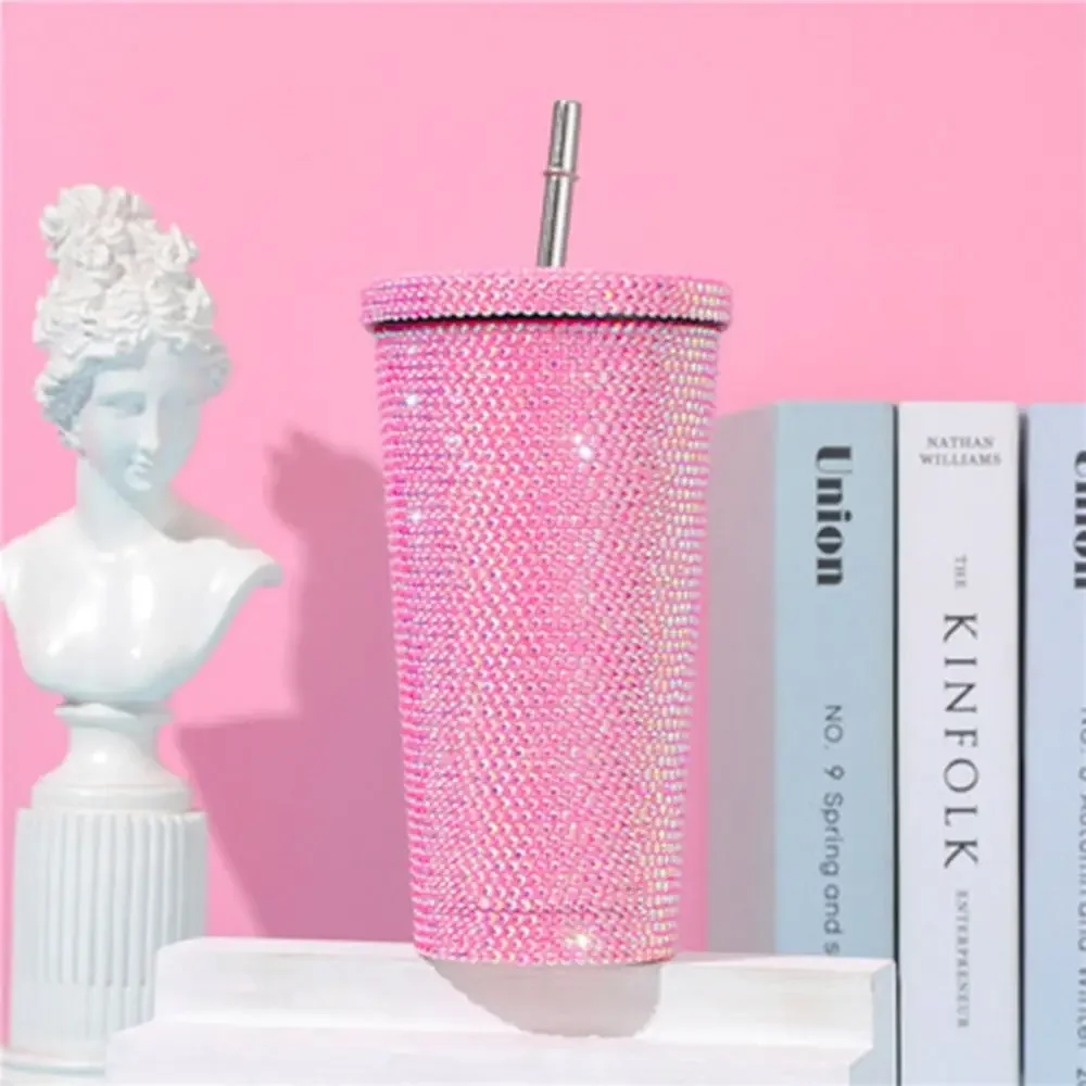 500ml/750ml Rhinestone Thermos Bottles Insulated Shining Glitter Coffee Cup Double Layer with Lid Straw