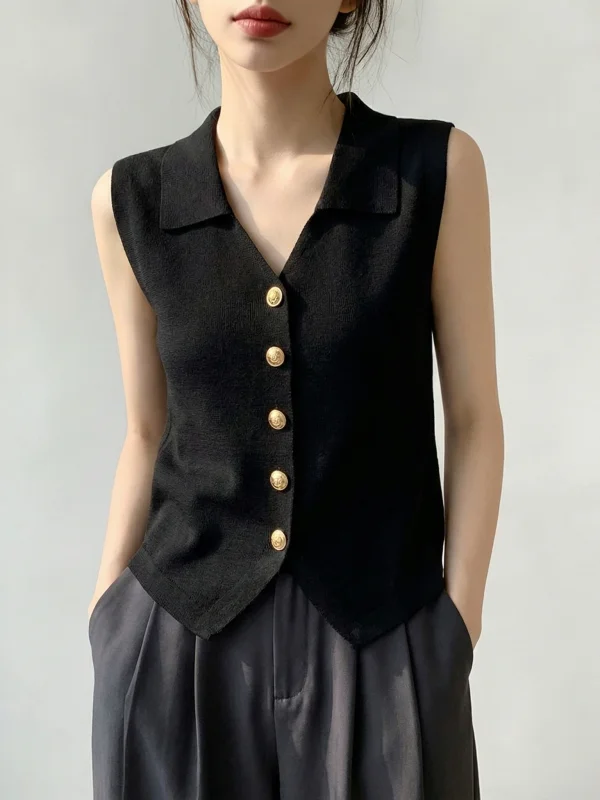 Collar Knitted Vest Women's Summer New plus Size Sleeveless High-End Feeling Shoulder Width Regular Length Pure Color