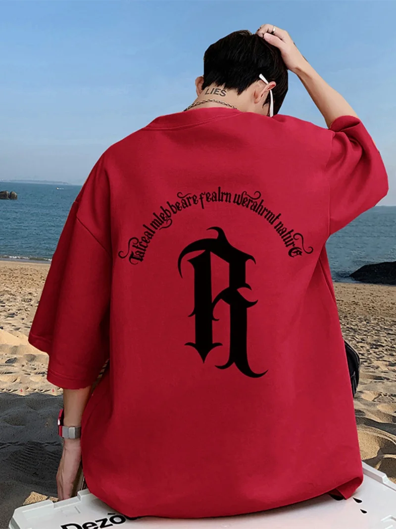 

Red Wine ort Sve T-irt Men's Trendy Brand Summer Heavyweight Loose Oversize Couple Pure Cotton 7 Sve Casual Sle