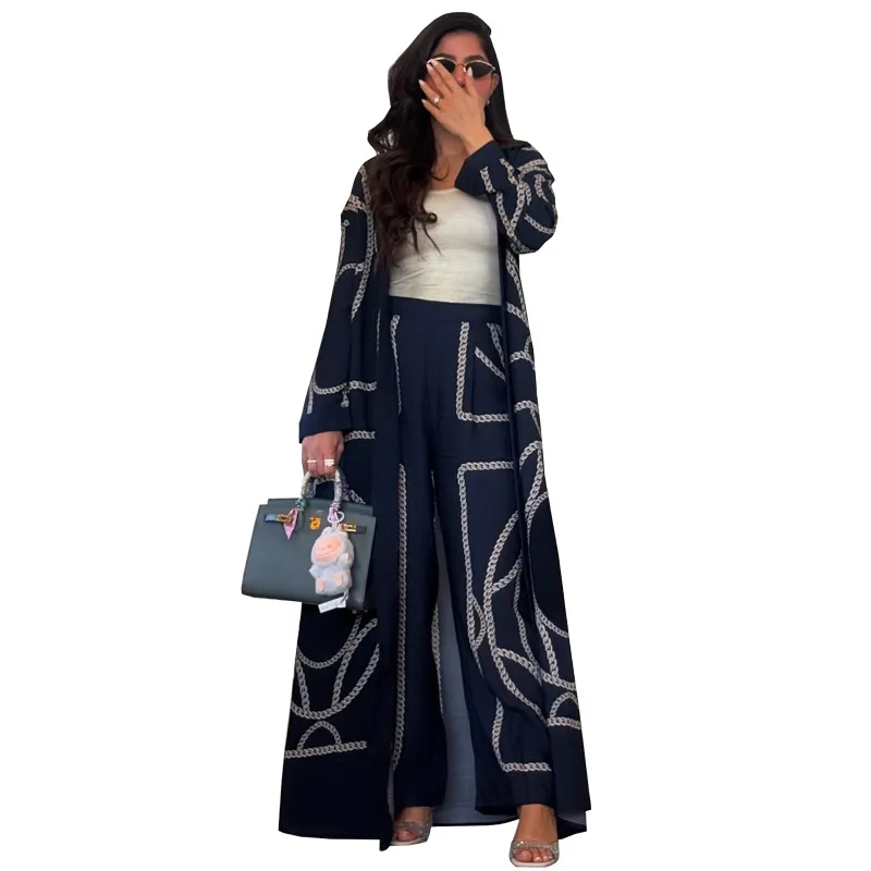 Benutzerdefinierte neueste Abaya muslimische bescheidene Kleider 2-teiliges Hosen-Set Langarm offene Abaya Türkei Druck Abaya Frauen muslimisches Kleid