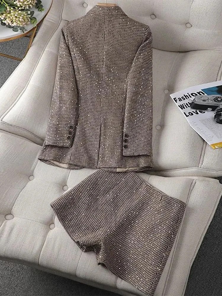 Blazer Vintage de celosía para mujer, traje de dos piezas, Mini pantalones cortos informales de cintura alta, primavera y otoño, 2024