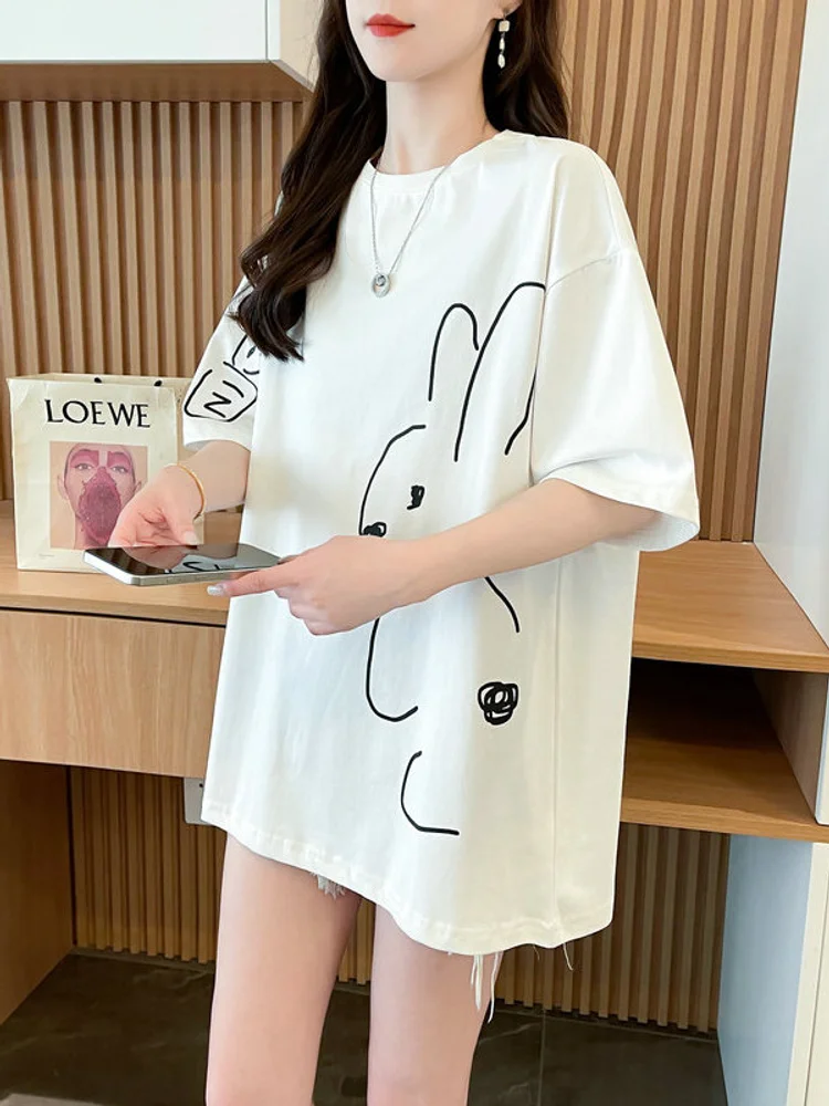 Fashion Top Minimalist Black White Solid Color Cute Lines Bunny Carrot Loose Sporty Teenage Soft Comfortable Round Neck T-shirt