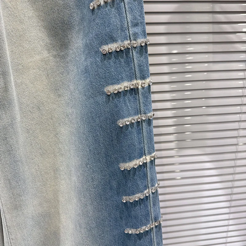 Spodnie damskie KBQ z efektem łączenia kolorów, zdobione diamentami, z wysokim stanem, o luźnym kroju, z gradientem, szerokie nogawki, styl jeansowy, modny styl damski.