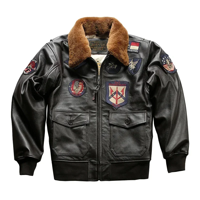 

Cowhide Jackets Top Gun 2 Genuine Leather Bomber Pilot Moto & Biker Embroidery Men's Casual Coat Winter Cowskin Lamb Wool Collar