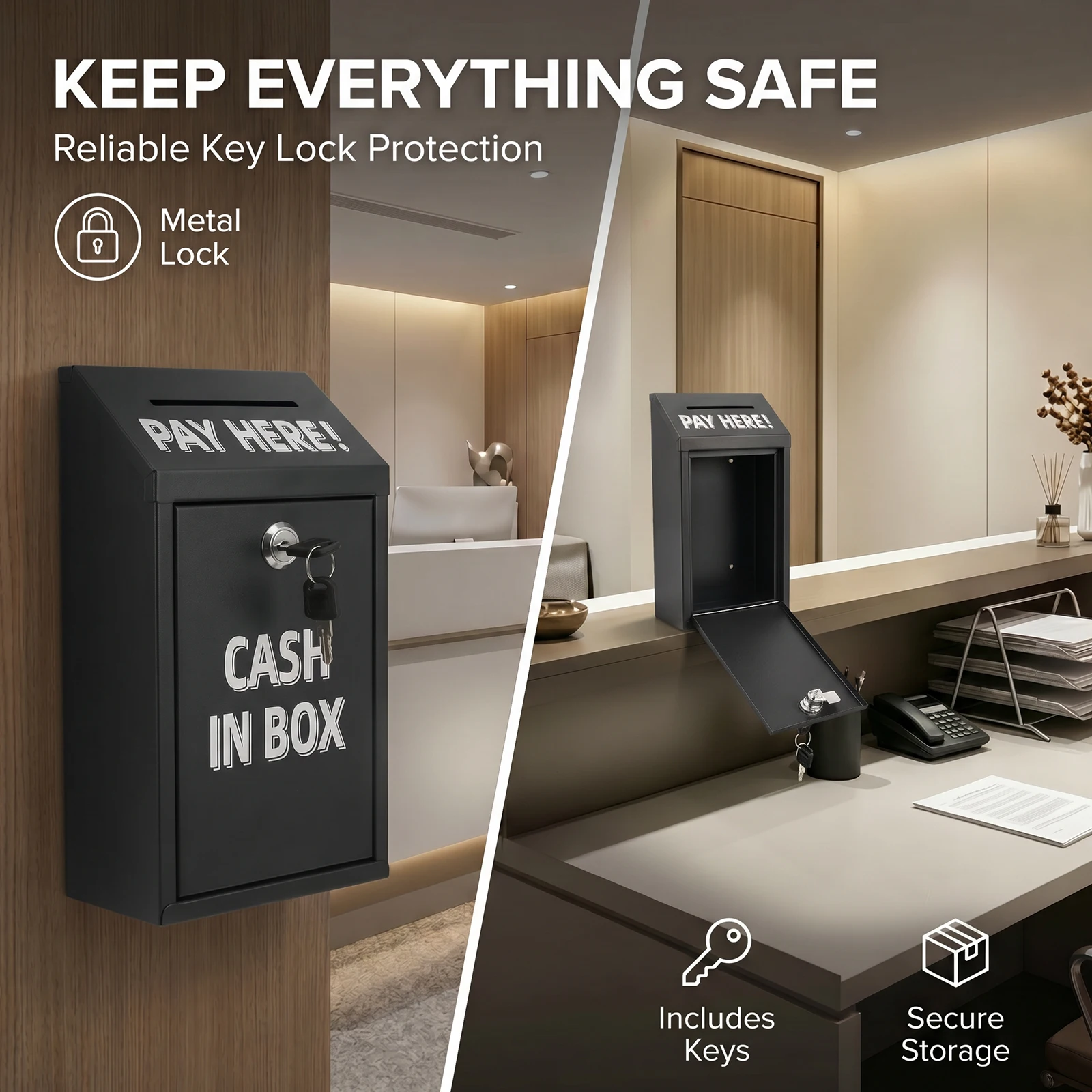  Wall Mounted Metal Donation Box Mailbox Ballot Container with Lock Safe Outside Outdoor Wall Charity Collection Cash Drop Box