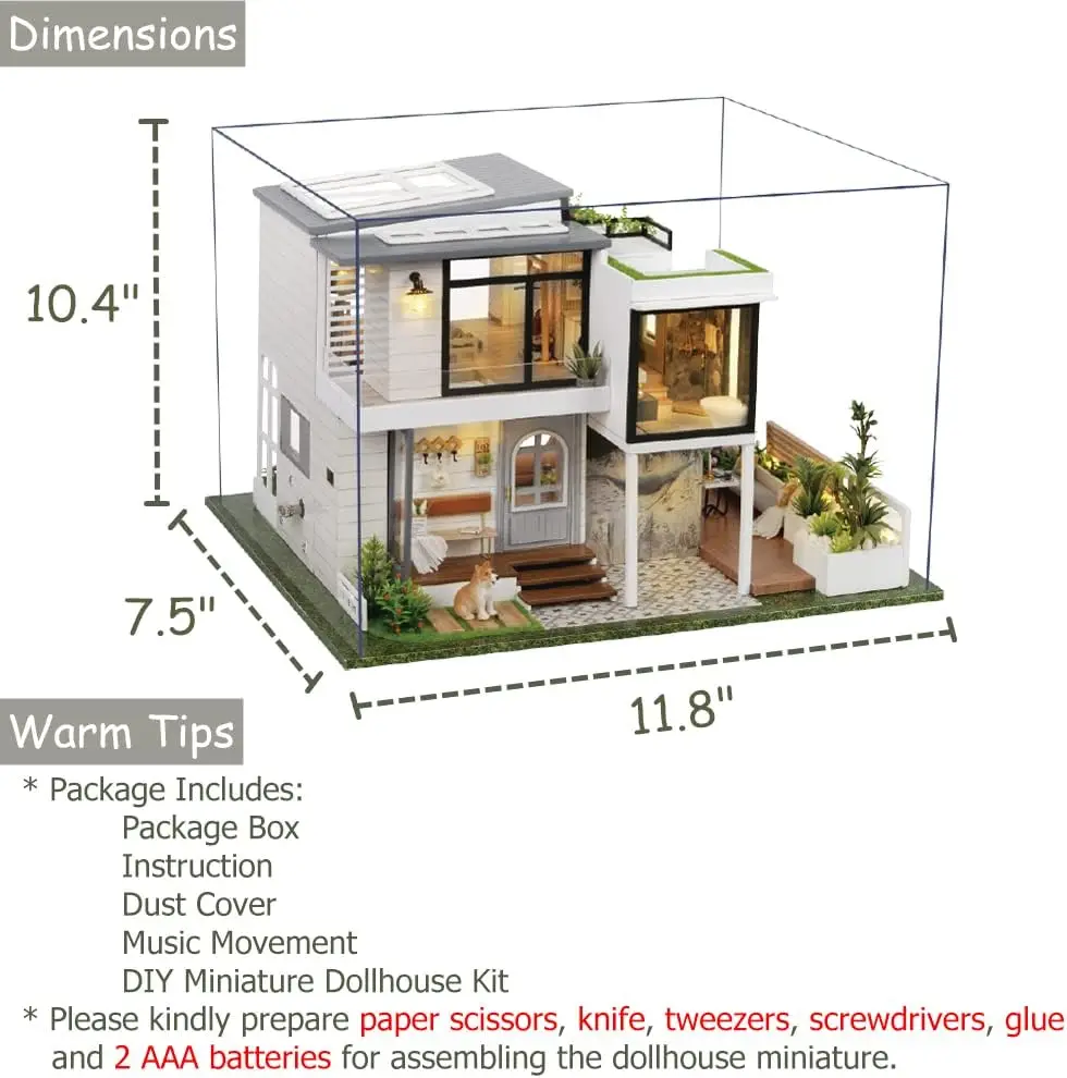 DIY Miniature Dollhouse Kit with Furniture, 1:24 Scale Large Garden Villa Wooden Doll House Accessories Plus Dust Proof & Music