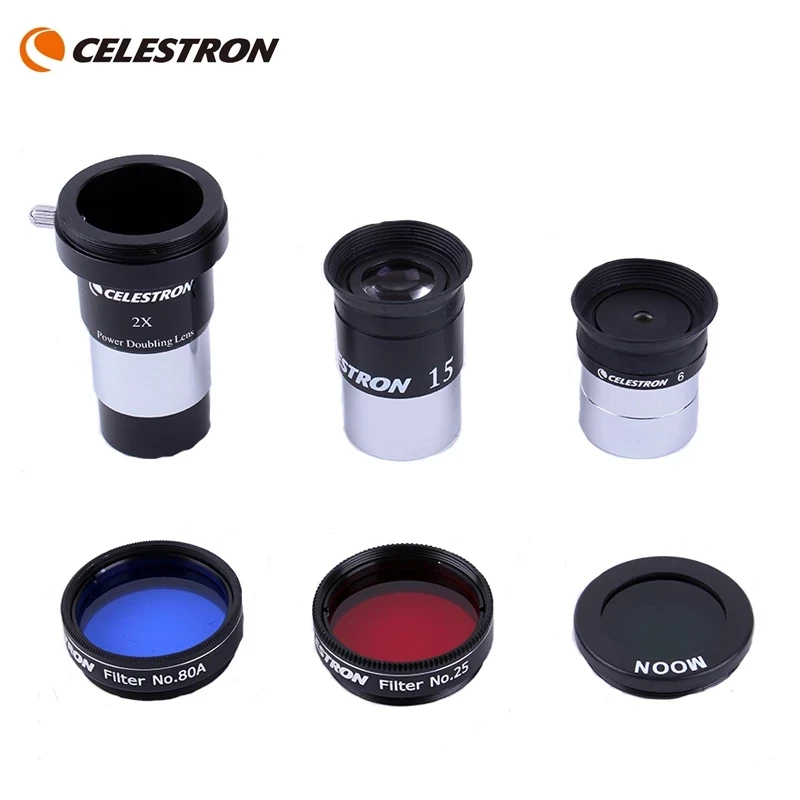 ชุดอุปกรณ์เสริม Celestron-ASTROMASTER, เลนส์ Barlow 2X, Ploss 6 มม., 15 มม., ช่องมองภาพ Kellner, # 25 #   ไส้กรองดวงจันทร์ 80A