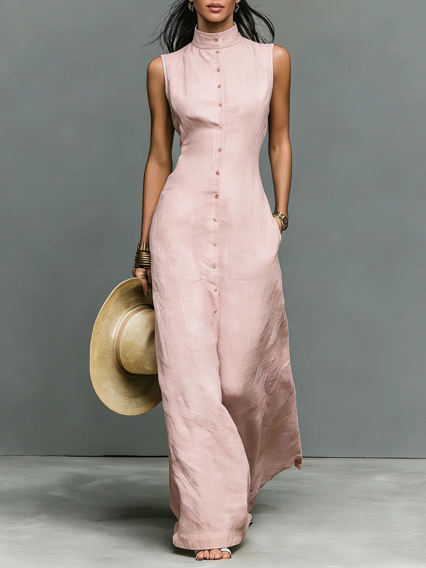 Elegantes Lässiges Damen-Maxikleid 2026 mit Stehkragen, Einreihig, Taschen, Ärmellos, Minimalistisches Leinen-Mischgewebe Urlaubskleid