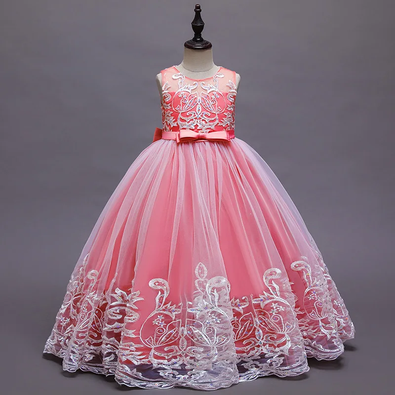 Vestidos de dama de honor largos con lentejuelas y flores de encaje para niñas, ropa de ceremonia de graduación para niños, ocasión Formal, desfile