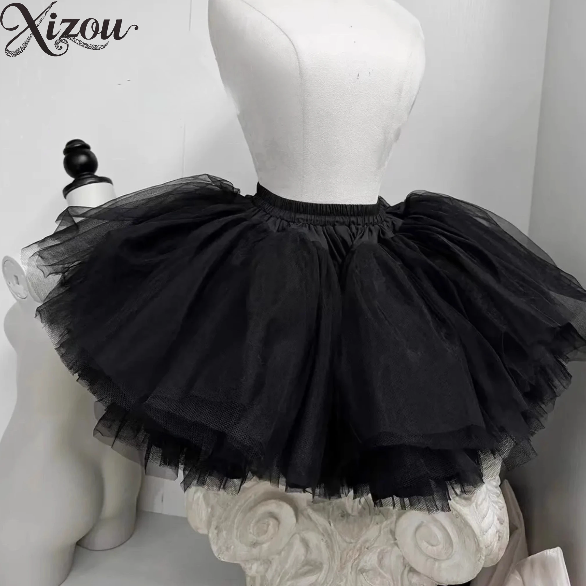 

2025 Women French Gentle High Waist Big Vintage Princess Lolita Short Ball Gown Lace Pleated Spring Black Summer Party 9-Layer
