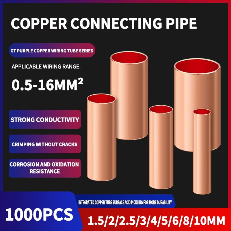 

1000PC φ1.5/2/2.5/3/4/5/6/7/8/10 mm GT Copper Connecting Pipe Connection Tube Wire Connector Cold Crimping Terminal