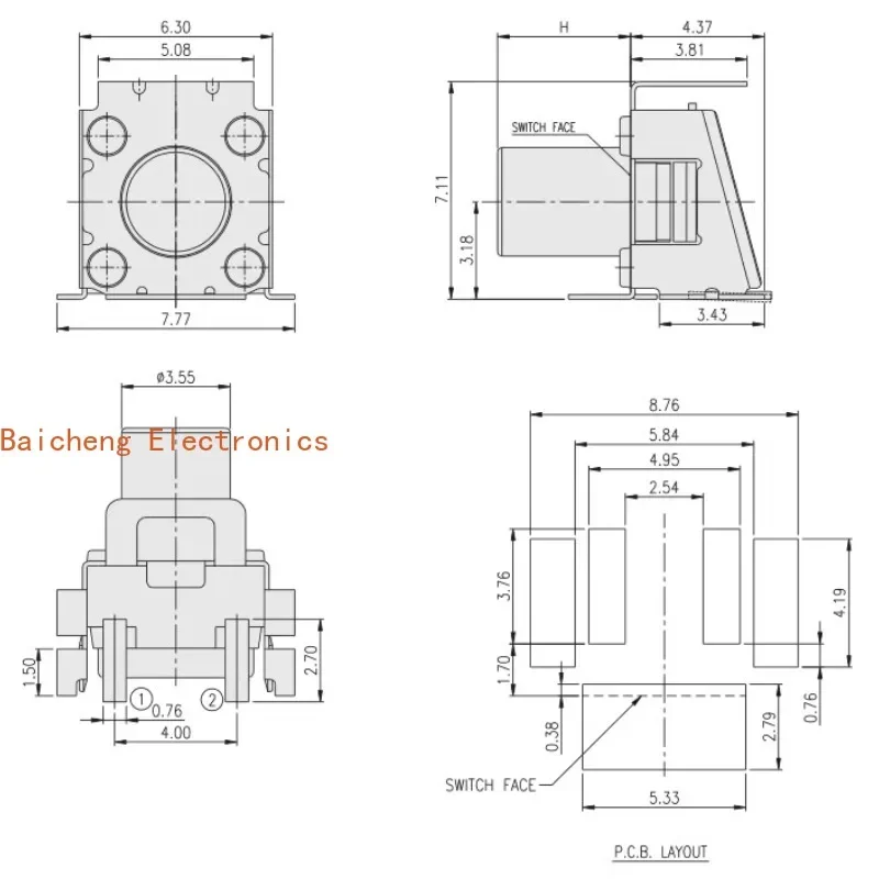 10PCS TA3-3R2K waterproof and dustproof tape bracket patch, 2-pin 6 * 6 * 5 side button, touch micro switch