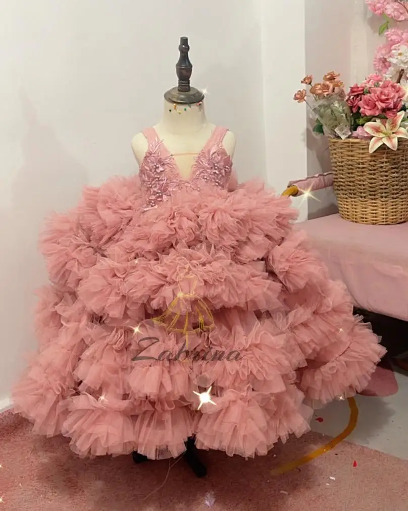 

Puffy Pink Flower Girl Dresses for Wedding Beads Tiered Ruffles Kids Photoshoot Dresses Long Train Children Birthday Party Gowns