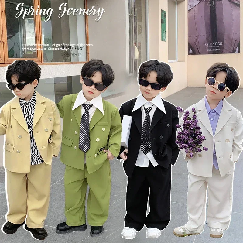 Boys Suit Spring Autumn Children School Uniform Casual Blazer Trousers 2 Piece Black Kids Wedding Clothes Set Compere Costume