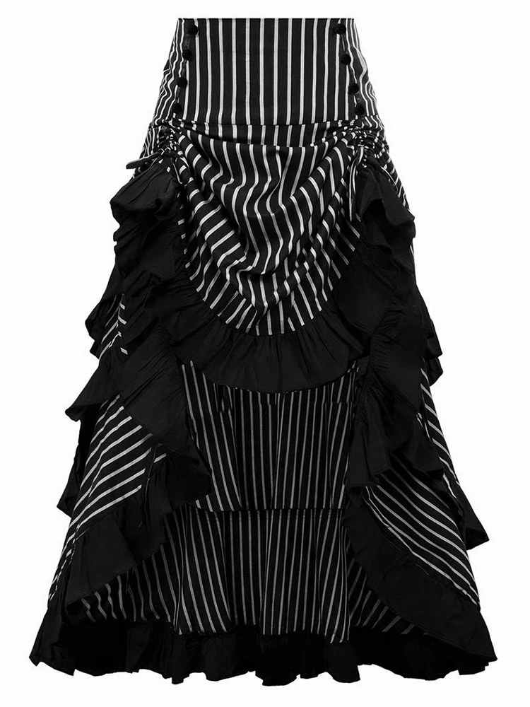 Black and white striped layered pleated long skirt - high waist, Korean style, perfect for spring and summer matching