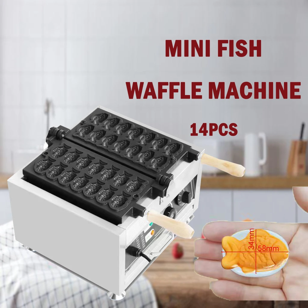 

Commercial 14Pcs Big Eyes Small Fish Electric Waffle Machine 1500W Mini Fish Shaped Waffles Takoyaki Machine Non-stick Coating
