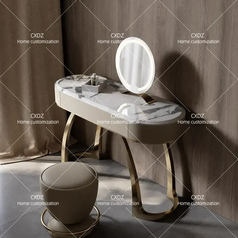 Light Luxury Makeup Table 2025 New Natural Marble Solid Wood Stainless Steel Black Walnut Dresser Cabinet