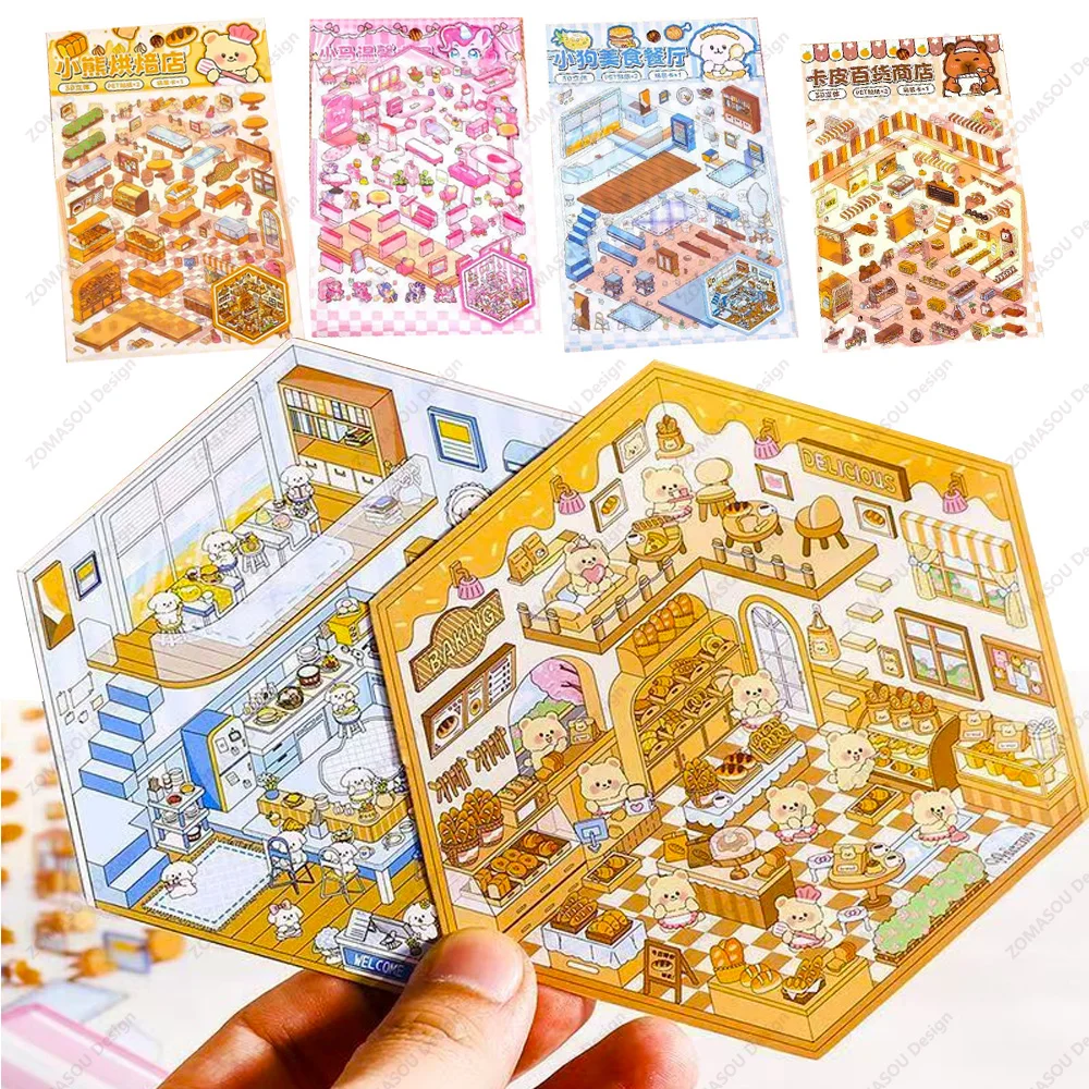 Cartoon Miniature Scene 3D DIY Landscaping Stickers Cabin Scene Stacking and Pasting Hand Account Cute Gift for Kid Child Adult