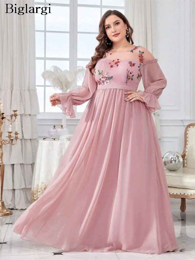 

Plus Size Spring Formal Dress Women Pink Flower Floral Elegant Fashion Patchwork Ladies Dresses Long Sleeve Loose Woman Dress