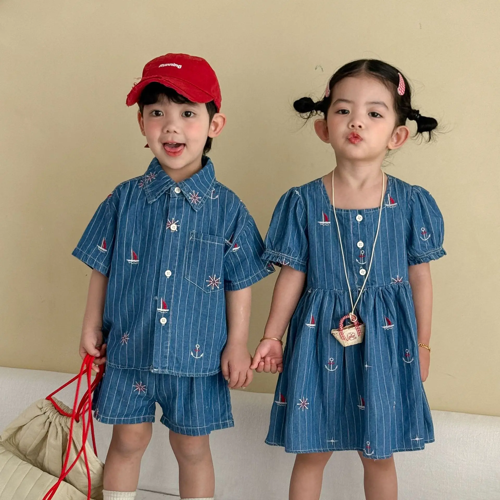 

2026 Summer New Kids Denim Clothes Set Boys Lapel Shirts + Shorts 2pcs Suit Girls Denim Embroidery Dress Brother Sister Outfits