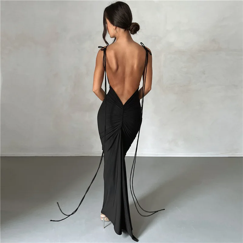 solid Sleeveless bandage Maxi Dress sexy backless Lace-Up Straps Elegant Casual 2024 summer For Women y2k party club clothes new