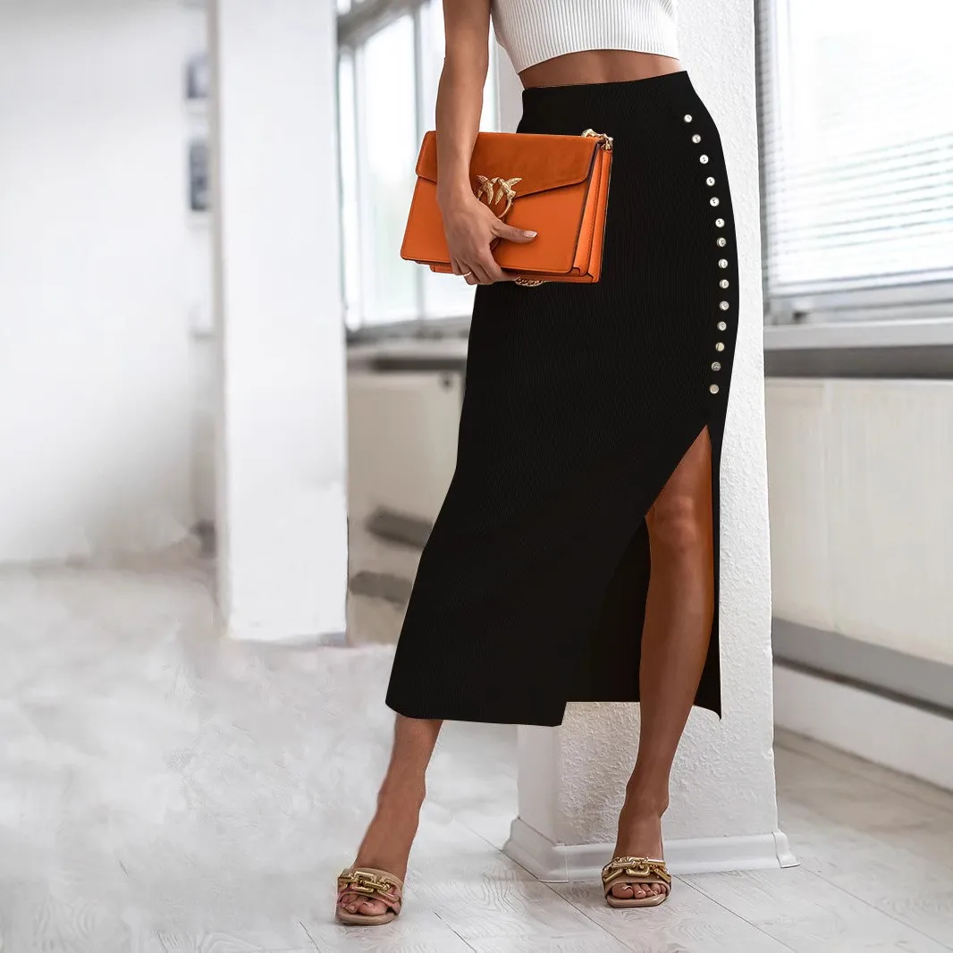 Women's Urban Elegant Solid Color Cotton Blend Midi Pencil Skirt with Asymmetrical Slit for Women Female Clothing Woman Clothes