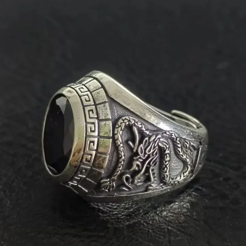 

really 925 Sterling Silver Men's Ring Fashionable Simple Retro Inlaid With Black Zircon Relief Dragon And Tiger Adjustable Ring