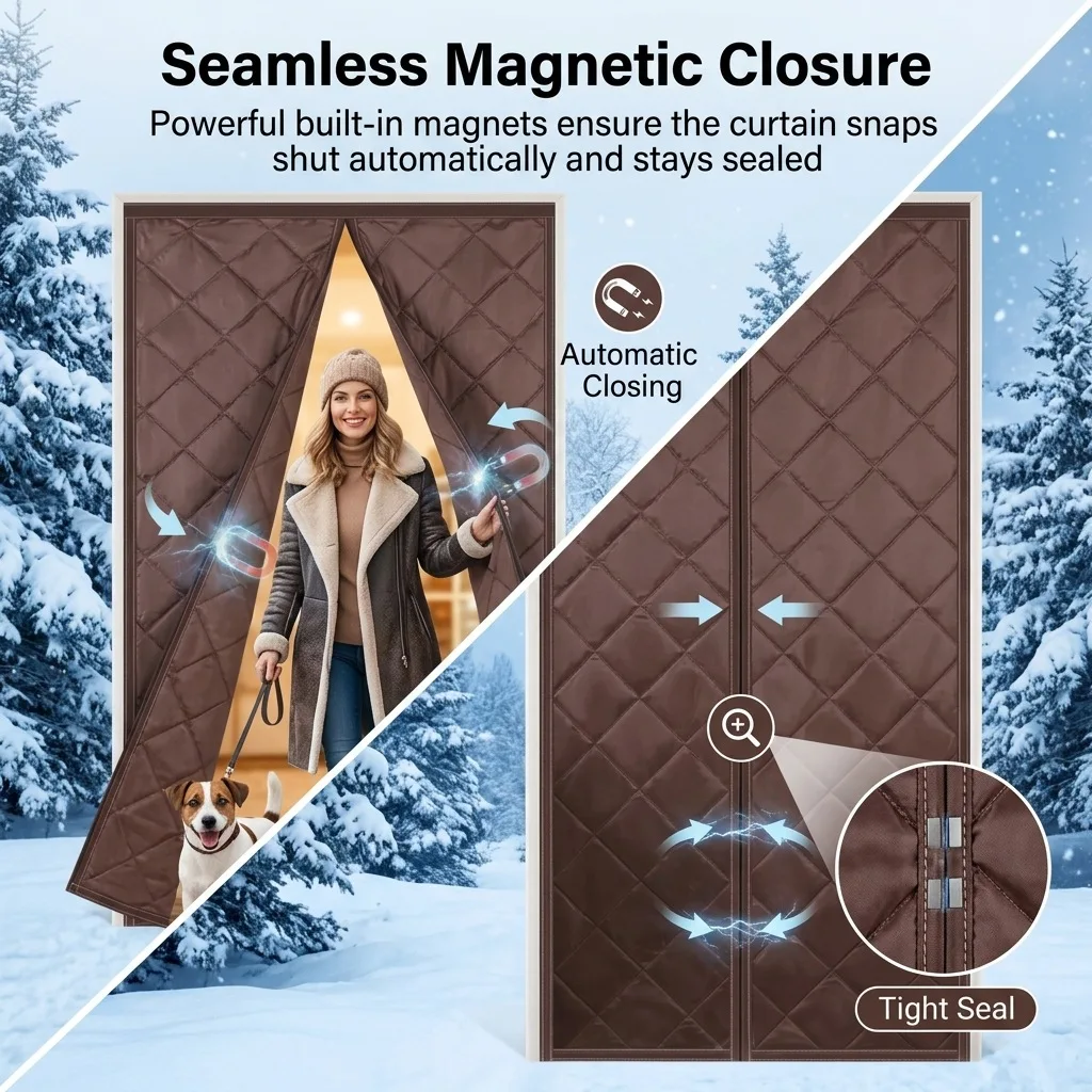 Auto Close Magnetic Thermal Door Curtain Windproof Insulation Curtain with Dense Magnets for Bedroom Kitchen Balcony Home Use