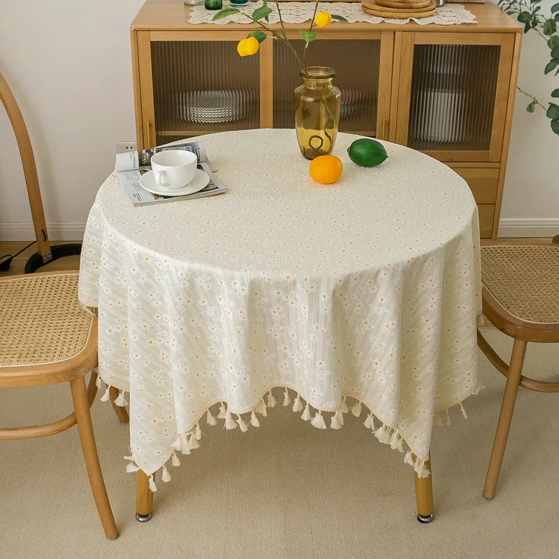 Korean Style Small Daisy Tablecloth, Cotton Floral Table Cloth, Washable Table Cover with Dust-Proof for Restaurant, Picnic