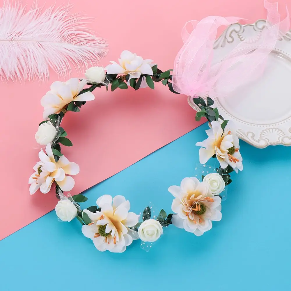 Bando mahkota bunga mawar Fashion Bohemia Garland dengan pita yang dapat diatur gadis karangan bunga pengantin Halo