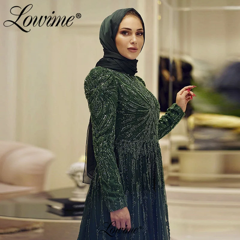 Lowime Green Muslim Dubai Formal Party Dresses Long Sleeve Beaded Crystals Arabic Evening Gowns 2023 Robes Plus Size Prom Dress