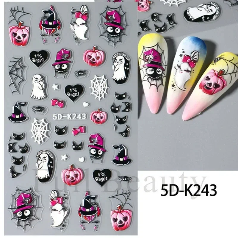 Scary Pumpkin Head Nail Stickers 5D Embossed Halloween Cute Ghost Spider Web Pumpkin Nail Sticker for Women and Girls