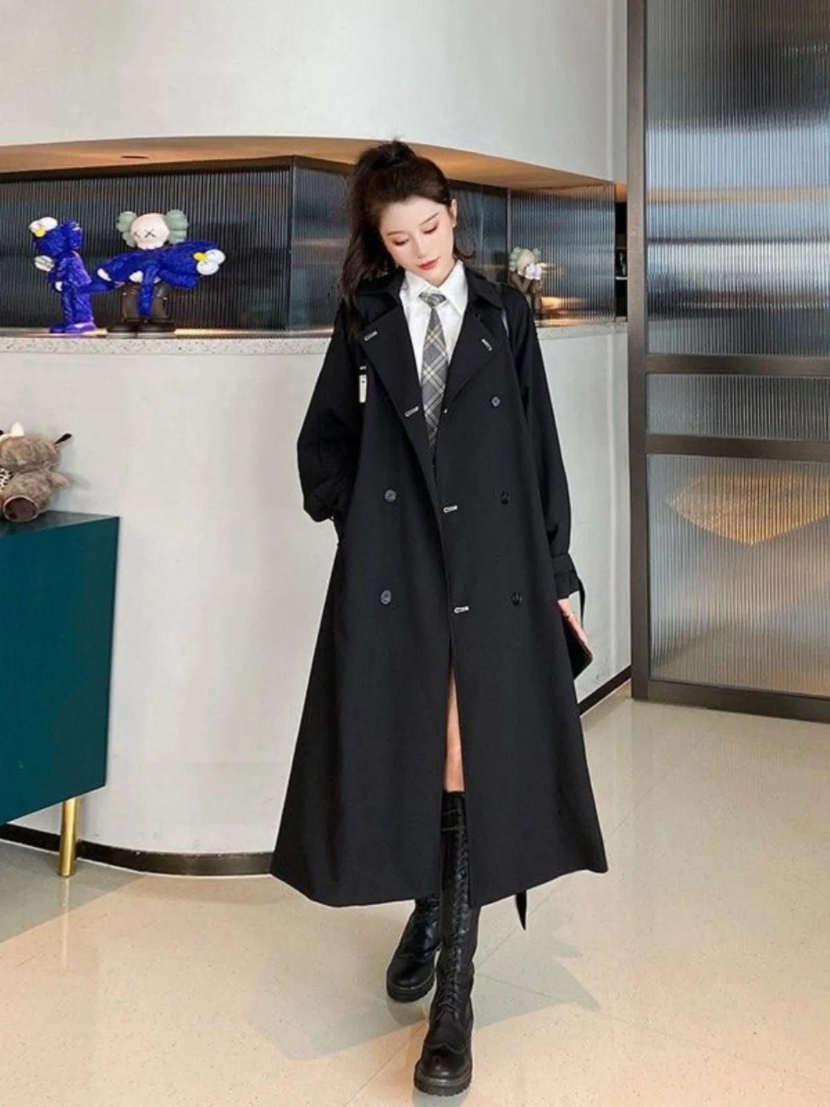 

Корейское свободное длинное пальто больших размеров для женщин, весенне-осенняя ветровка выше колена, верхняя одежда для похудения, мясное покрытие