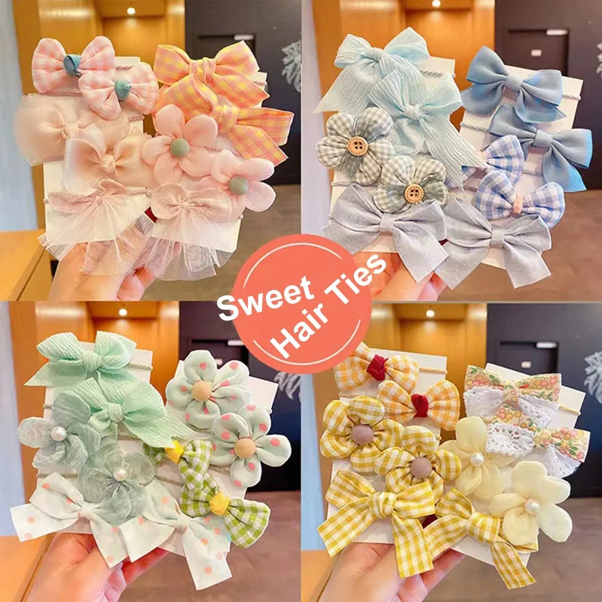 10Pcs/Set Girls Bow Flower Hair Bands Sweet Elastic Hair Ties Children Cute Headbands Ponytail Rubber Band Kids Hair Accessories