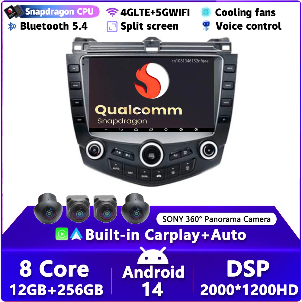 

Android 14 Carplay Car Radio For Honda Accord 7 2003 2004 2005 2006 2007 Navigation GPS Multimedia Player stereo WiF+4G BT auto