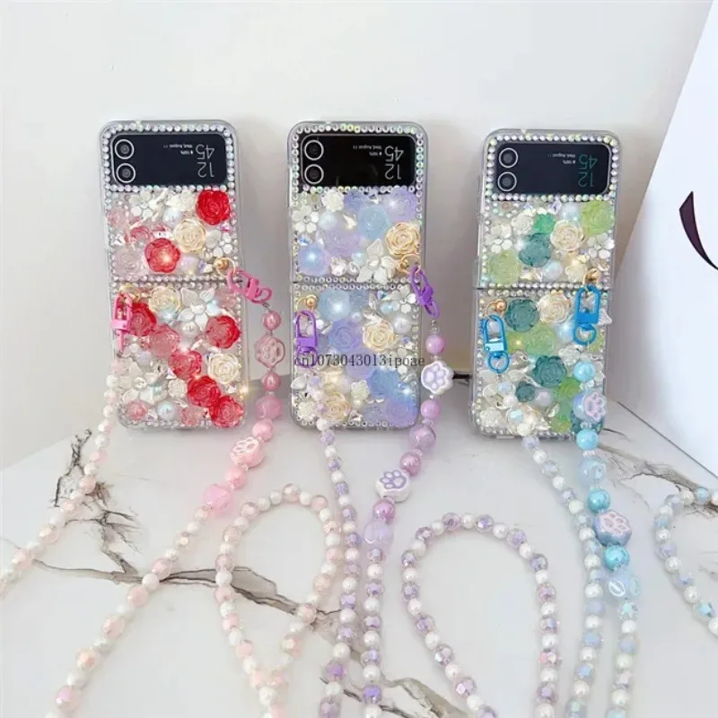 

Luxury Full of diamonds Gradient rose Crossbody chain Fold Folding Screen for Samsung ZFlip4 ZFlip3 Shockproof Phone Case