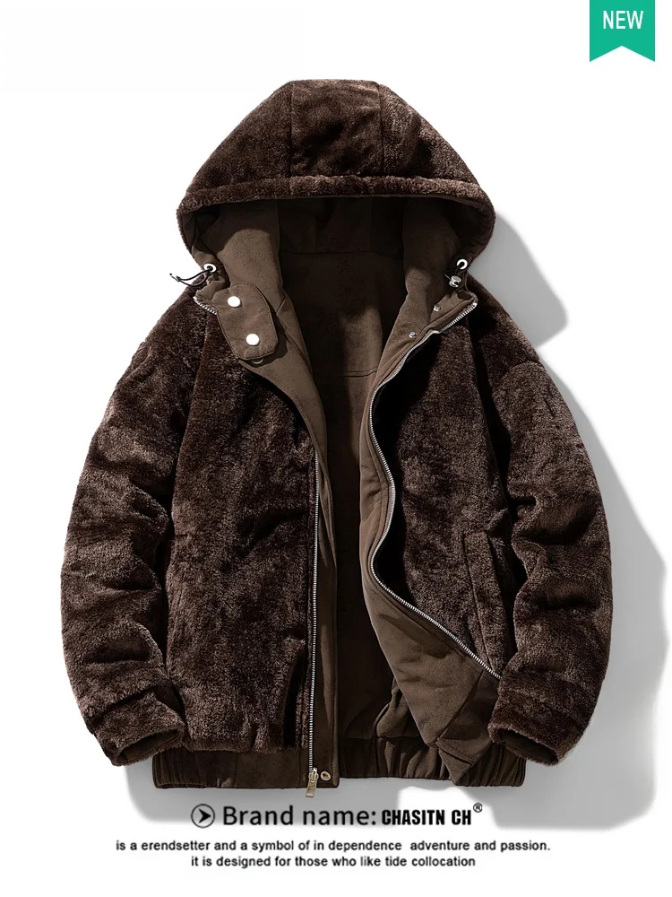 

Утепленная куртка из овечьей шерсти для мужчин, зимнее хлопковое пальто с капюшоном, двустороннее, в стиле ретро, на хлопковой подкладке, теплое, повседневное, модное, городское