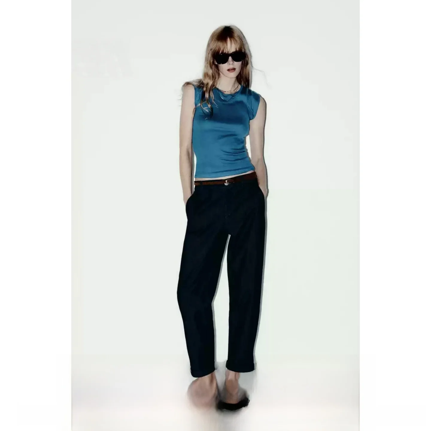 2026 Summer Women's Woven Belt Cuffed Straight Leg Pants Casual Style Natural Waist Cotton Blend Ladies Fashion